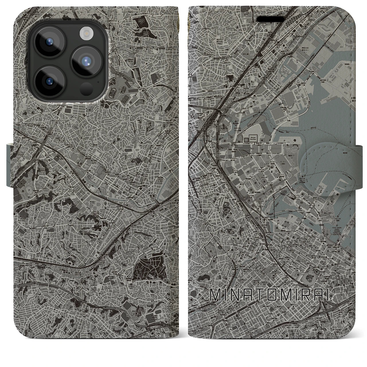 【みなとみらい】地図柄iPhoneケース（手帳両面タイプ・モノトーン）iPhone 15 Pro Max 用