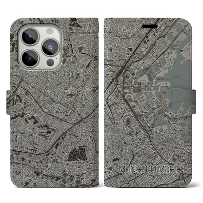 【みなとみらい（神奈川県）】地図柄iPhoneケース（手帳タイプ）モノトーン・iPhone 15 Pro 用