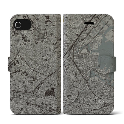 【みなとみらい（神奈川県）】地図柄iPhoneケース（手帳タイプ）モノトーン・iPhone SE（第3 / 第2世代） / 8 / 7 / 6s / 6 用