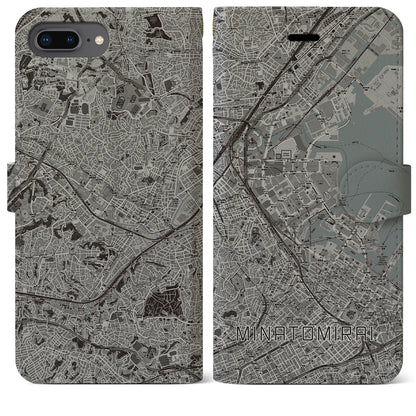 【みなとみらい（神奈川県）】地図柄iPhoneケース（手帳タイプ）モノトーン・iPhone 8Plus /7Plus / 6sPlus / 6Plus 用