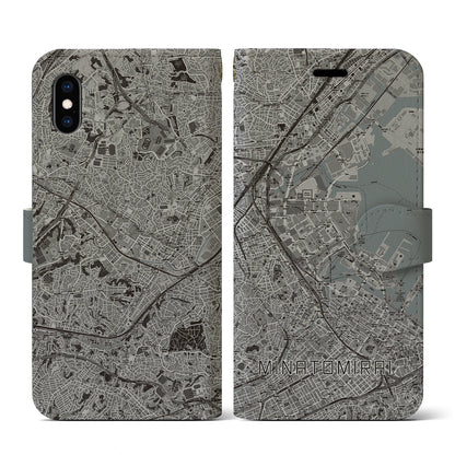 【みなとみらい（神奈川県）】地図柄iPhoneケース（手帳タイプ）モノトーン・iPhone XS / X 用