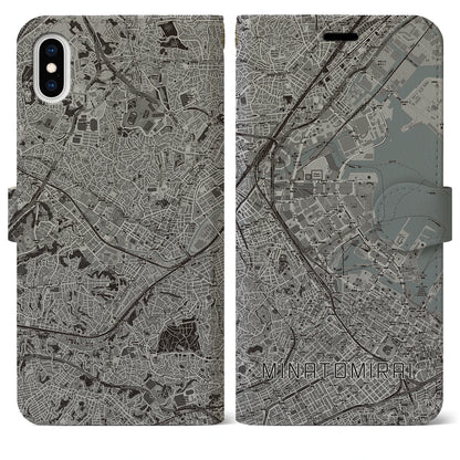 【みなとみらい（神奈川県）】地図柄iPhoneケース（手帳タイプ）モノトーン・iPhone XS Max 用