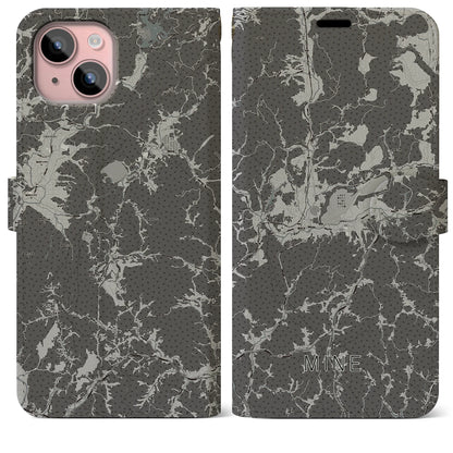 【美祢（山口県）】地図柄iPhoneケース（手帳タイプ）モノトーン・iPhone 15 Plus 用