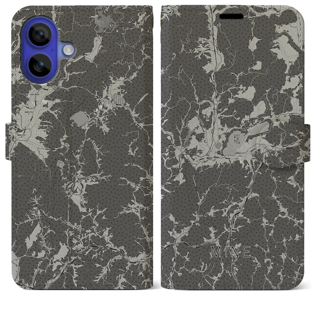 【美祢(山口県)】地図柄iPhoneケース(手帳タイプ)モノトーン・iPhone 16 Pro Max 用