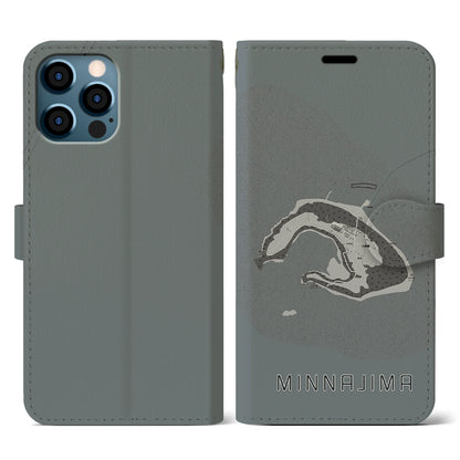 【水納島（沖縄県）】地図柄iPhoneケース（手帳タイプ）モノトーン・iPhone 12 / 12 Pro 用