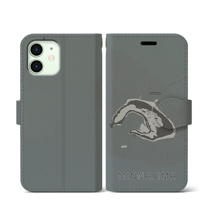 【水納島（沖縄県）】地図柄iPhoneケース（手帳タイプ）モノトーン・iPhone 12 mini 用