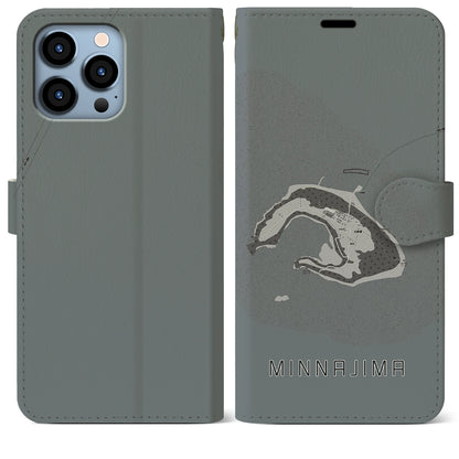 【水納島（沖縄県）】地図柄iPhoneケース（手帳タイプ）モノトーン・iPhone 13 Pro Max 用