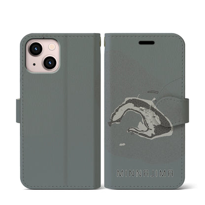 【水納島（沖縄県）】地図柄iPhoneケース（手帳タイプ）モノトーン・iPhone 13 mini 用