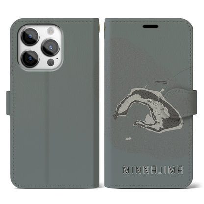 【水納島（沖縄県）】地図柄iPhoneケース（手帳タイプ）モノトーン・iPhone 14 Pro 用