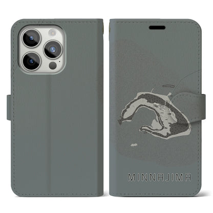 【水納島（沖縄県）】地図柄iPhoneケース（手帳タイプ）モノトーン・iPhone 15 Pro 用