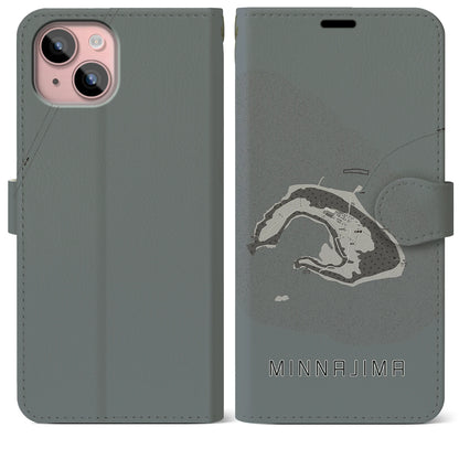 【水納島（沖縄県）】地図柄iPhoneケース（手帳タイプ）モノトーン・iPhone 15 Plus 用