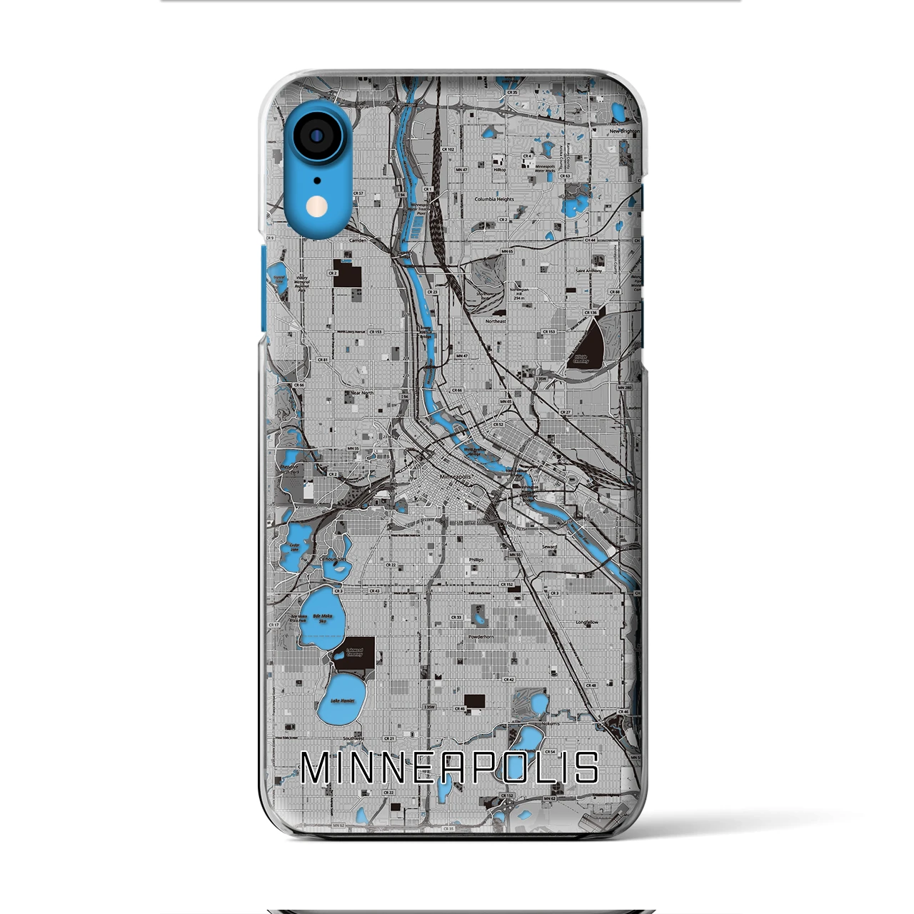 【ミネアポリス（アメリカ）】地図柄iPhoneケース（クリアタイプ）モノトーン・iPhone XR 用