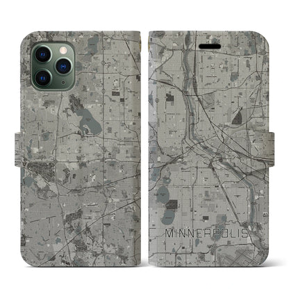 【ミネアポリス（アメリカ）】地図柄iPhoneケース（手帳タイプ）モノトーン・iPhone 11 Pro 用