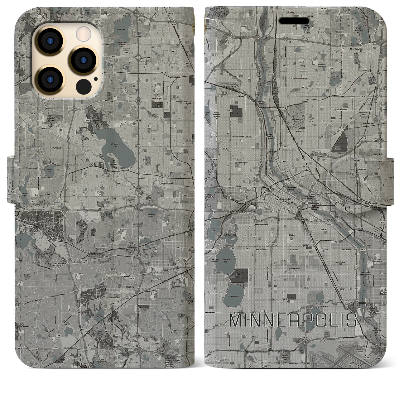 【ミネアポリス】地図柄iPhoneケース（手帳両面タイプ・モノトーン）iPhone 12 Pro Max 用