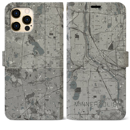 【ミネアポリス（アメリカ）】地図柄iPhoneケース（手帳タイプ）モノトーン・iPhone 12 Pro Max 用