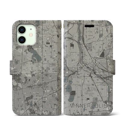 【ミネアポリス（アメリカ）】地図柄iPhoneケース（手帳タイプ）モノトーン・iPhone 12 mini 用