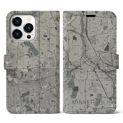 【ミネアポリス（アメリカ）】地図柄iPhoneケース（手帳タイプ）モノトーン・iPhone 13 Pro 用