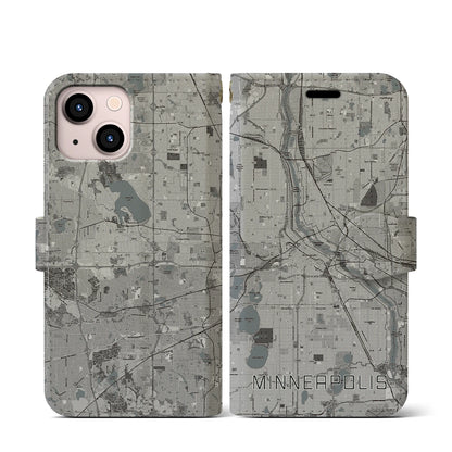 【ミネアポリス（アメリカ）】地図柄iPhoneケース（手帳タイプ）モノトーン・iPhone 13 mini 用