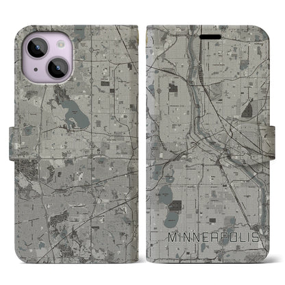【ミネアポリス（アメリカ）】地図柄iPhoneケース（手帳タイプ）モノトーン・iPhone 14 用