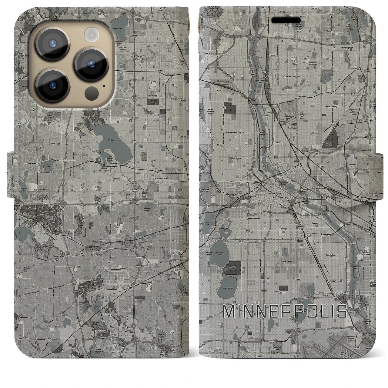 【ミネアポリス】地図柄iPhoneケース（手帳両面タイプ・モノトーン）iPhone 14 Pro Max 用