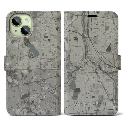 【ミネアポリス（アメリカ）】地図柄iPhoneケース（手帳タイプ）モノトーン・iPhone 15 用