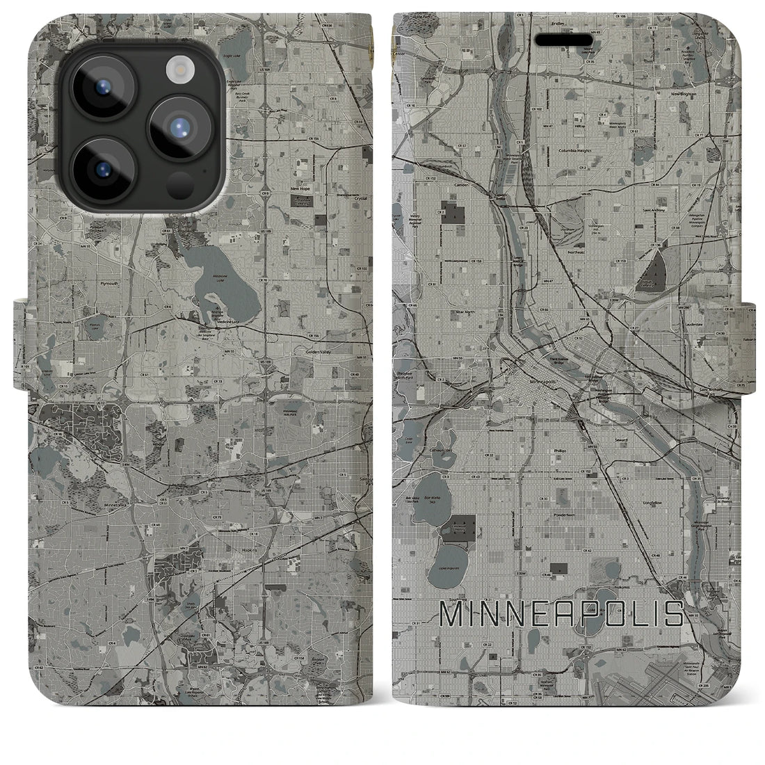 【ミネアポリス】地図柄iPhoneケース（手帳両面タイプ・モノトーン）iPhone 15 Pro Max 用