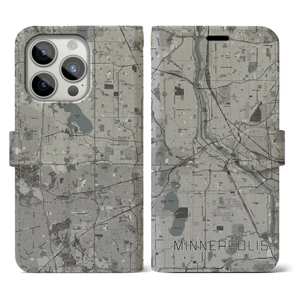 【ミネアポリス（アメリカ）】地図柄iPhoneケース（手帳タイプ）モノトーン・iPhone 15 Pro 用