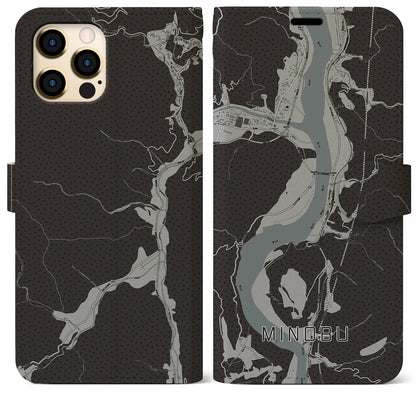 【身延（山梨県）】地図柄iPhoneケース（手帳タイプ）モノトーン・iPhone 12 Pro Max 用