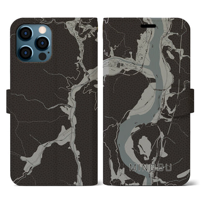 【身延（山梨県）】地図柄iPhoneケース（手帳タイプ）モノトーン・iPhone 12 / 12 Pro 用