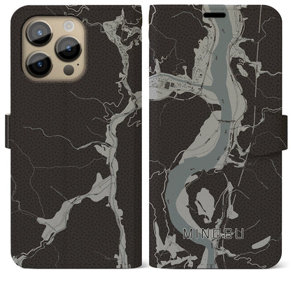 【身延（山梨県）】地図柄iPhoneケース（手帳タイプ）モノトーン・iPhone 14 Pro Max 用