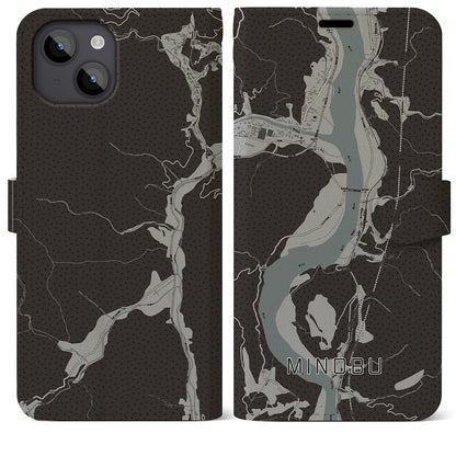 【身延（山梨県）】地図柄iPhoneケース（手帳タイプ）モノトーン・iPhone 14 Plus 用