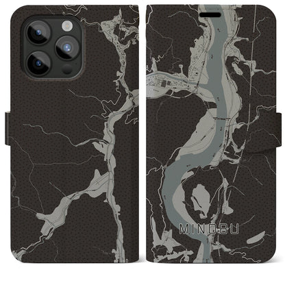 【身延（山梨県）】地図柄iPhoneケース（手帳タイプ）モノトーン・iPhone 15 Pro Max 用