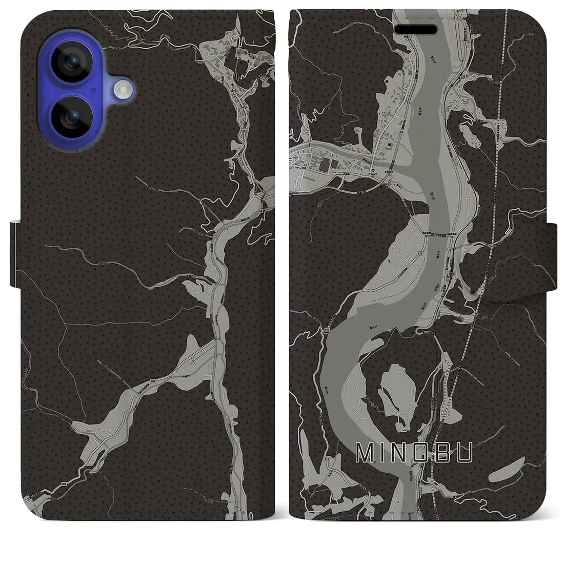 【身延(山梨県)】地図柄iPhoneケース(手帳タイプ)モノトーン・iPhone 16 Pro Max 用