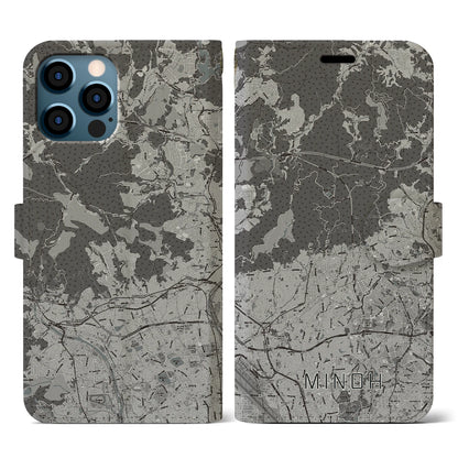 【箕面（大阪府）】地図柄iPhoneケース（手帳タイプ）モノトーン・iPhone 12 / 12 Pro 用