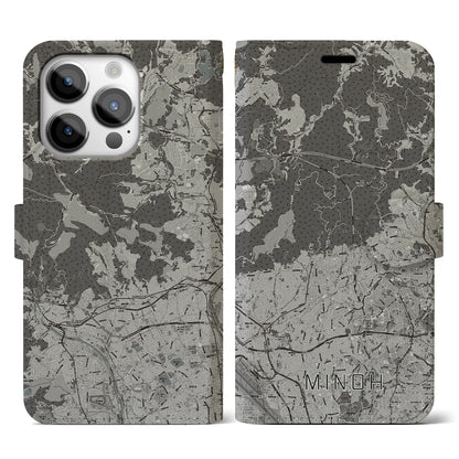 【箕面（大阪府）】地図柄iPhoneケース（手帳タイプ）モノトーン・iPhone 14 Pro 用