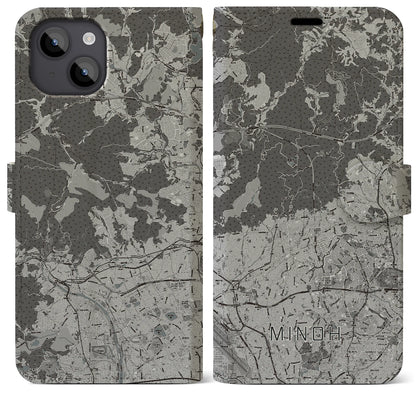 【箕面（大阪府）】地図柄iPhoneケース（手帳タイプ）モノトーン・iPhone 14 Plus 用