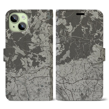 【箕面（大阪府）】地図柄iPhoneケース（手帳タイプ）モノトーン・iPhone 15 用