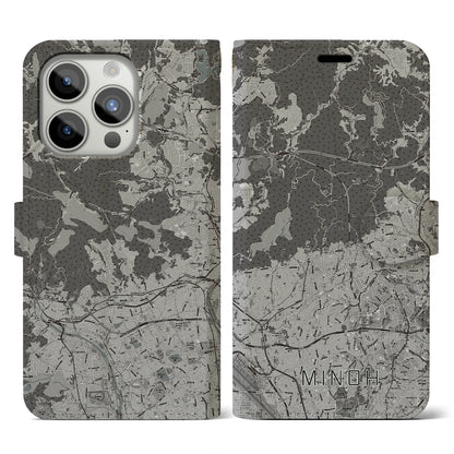 【箕面（大阪府）】地図柄iPhoneケース（手帳タイプ）モノトーン・iPhone 15 Pro 用