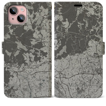 【箕面（大阪府）】地図柄iPhoneケース（手帳タイプ）モノトーン・iPhone 15 Plus 用