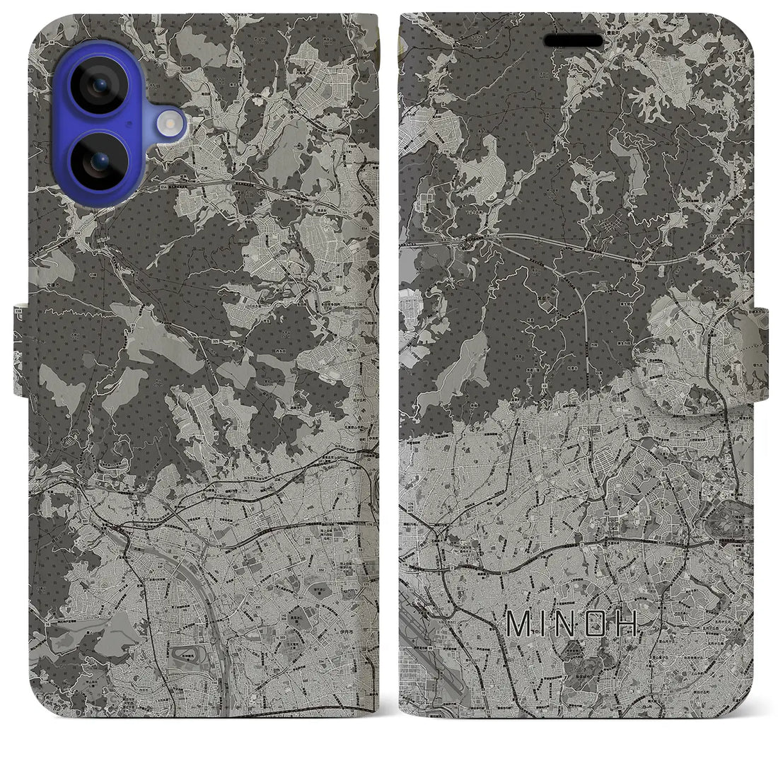 【箕面(大阪府)】地図柄iPhoneケース(手帳タイプ)モノトーン・iPhone 16 Pro Max 用