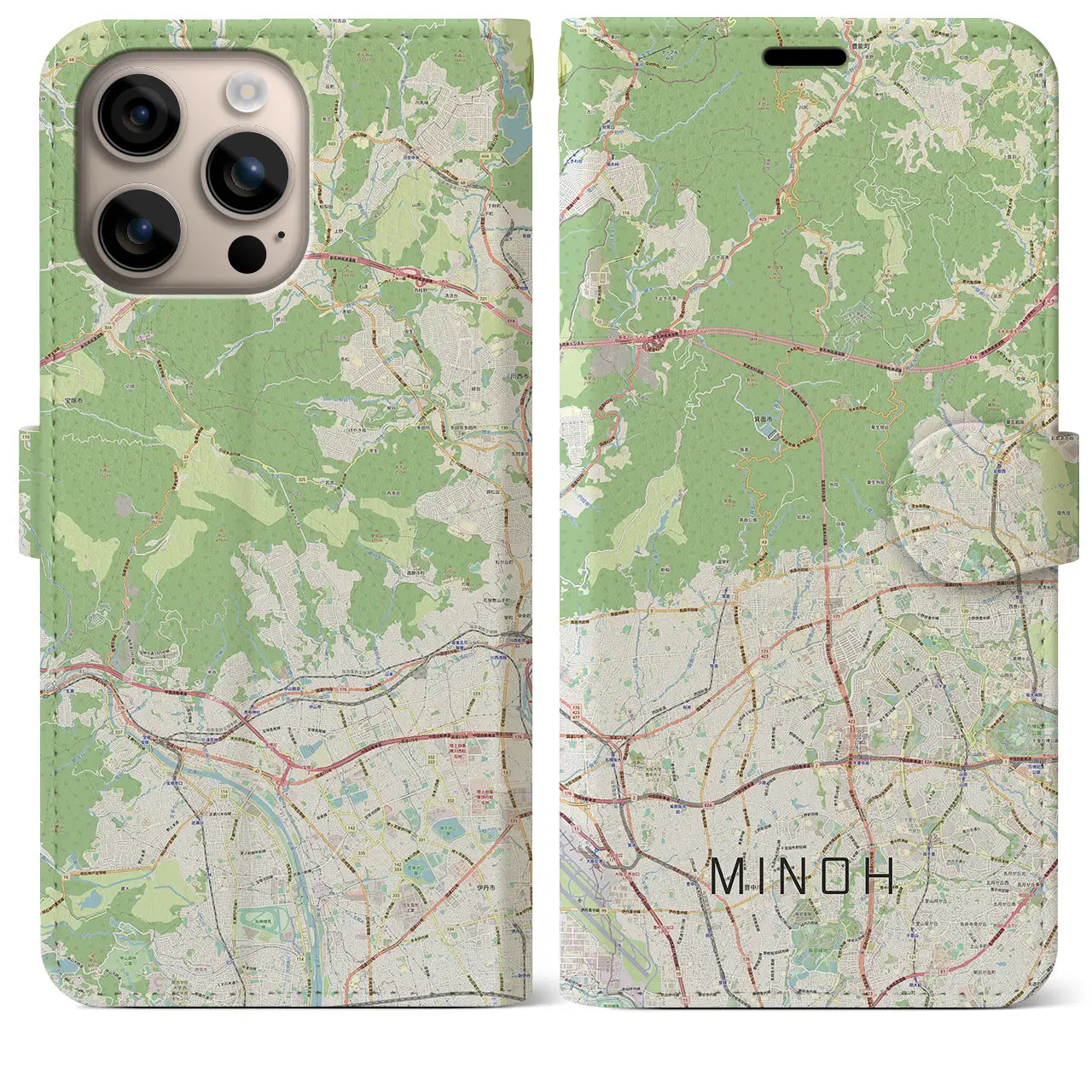 【箕面（大阪府）】地図柄iPhoneケース（手帳タイプ）ナチュラル・iPhone 16 Plus 用