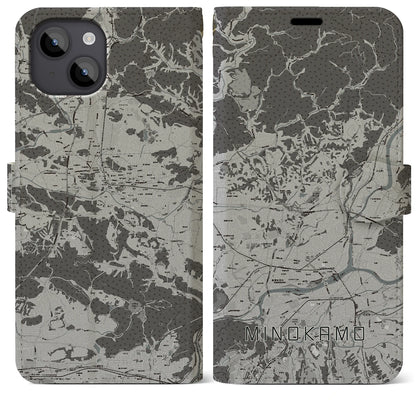 【美濃加茂（岐阜県）】地図柄iPhoneケース（手帳タイプ）モノトーン・iPhone 14 Plus 用