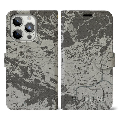 【美濃加茂（岐阜県）】地図柄iPhoneケース（手帳タイプ）モノトーン・iPhone 15 Pro 用