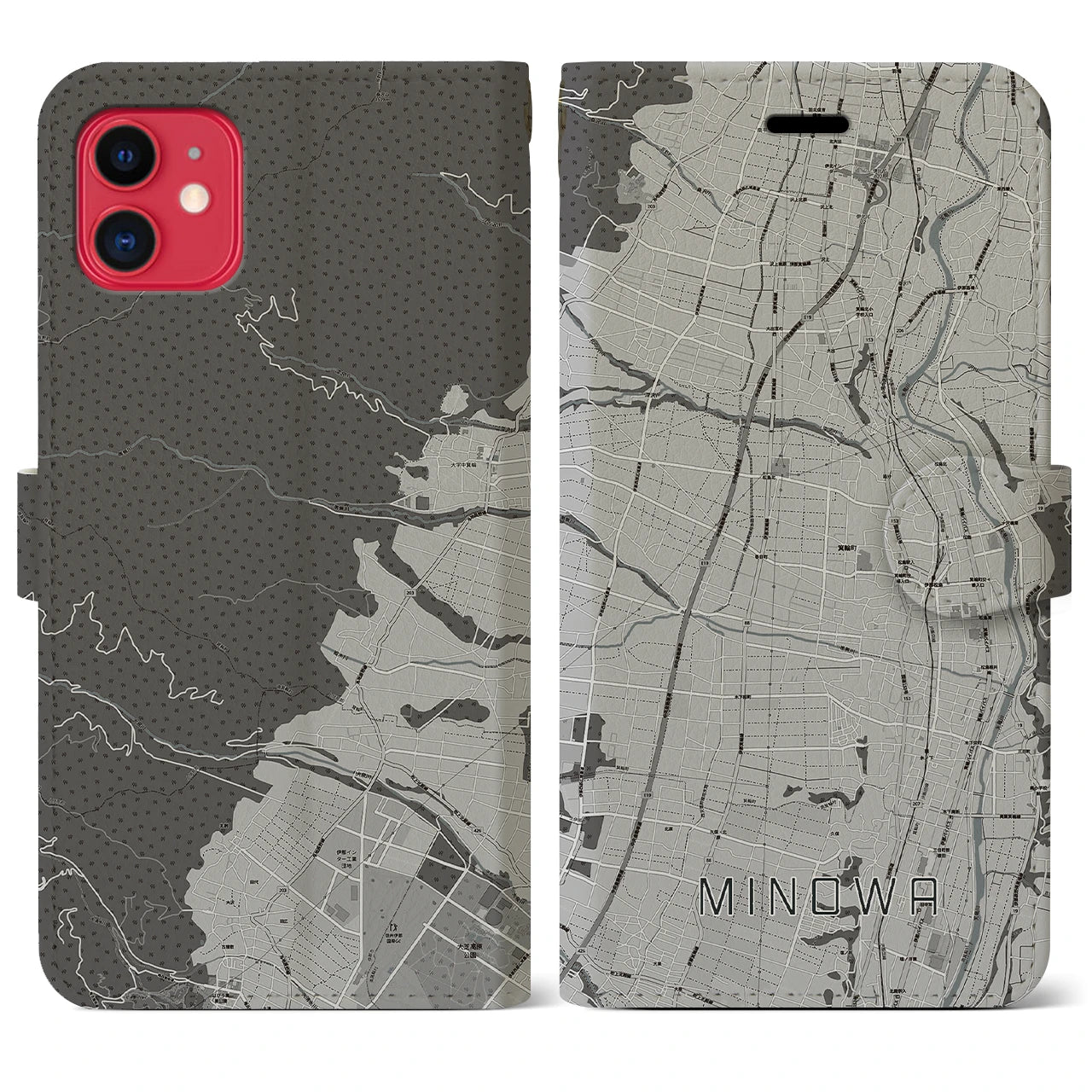 【箕輪】地図柄iPhoneケース（手帳両面タイプ・モノトーン）iPhone 11 用