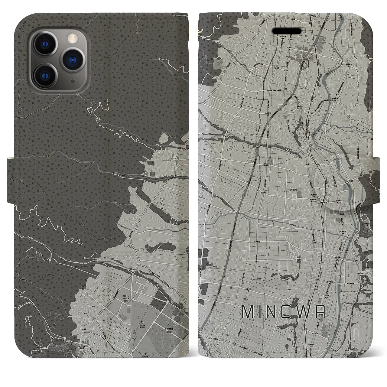 【箕輪】地図柄iPhoneケース（手帳両面タイプ・モノトーン）iPhone 11 Pro Max 用