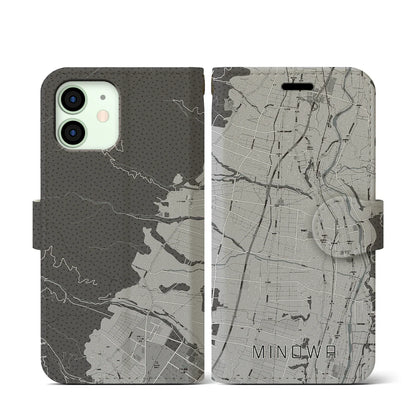 【箕輪（長野県）】地図柄iPhoneケース（手帳タイプ）モノトーン・iPhone 12 mini 用