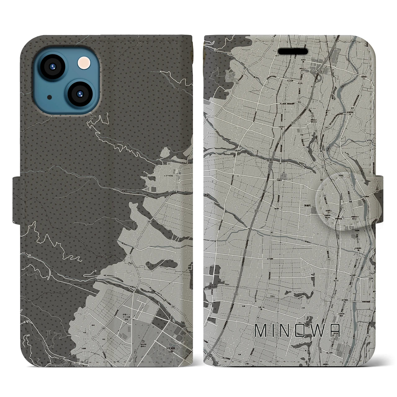【箕輪】地図柄iPhoneケース（手帳両面タイプ・モノトーン）iPhone 13 用