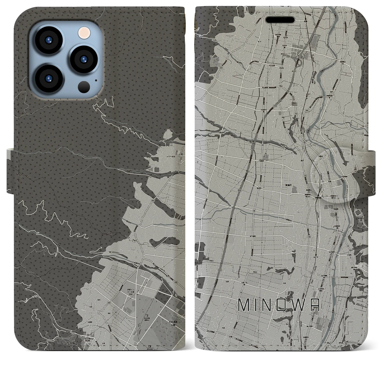 【箕輪】地図柄iPhoneケース（手帳両面タイプ・モノトーン）iPhone 13 Pro Max 用
