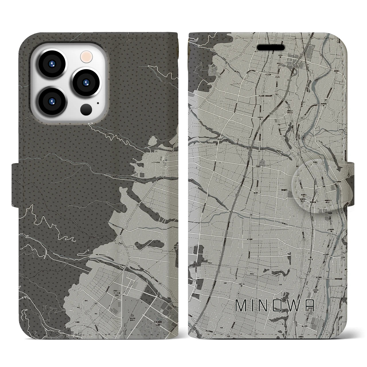 【箕輪】地図柄iPhoneケース（手帳両面タイプ・モノトーン）iPhone 13 Pro 用