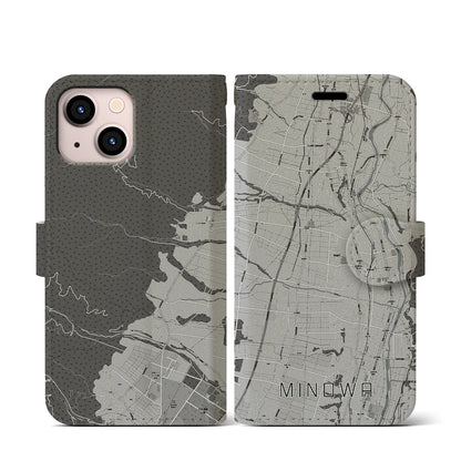 【箕輪（長野県）】地図柄iPhoneケース（手帳タイプ）モノトーン・iPhone 13 mini 用